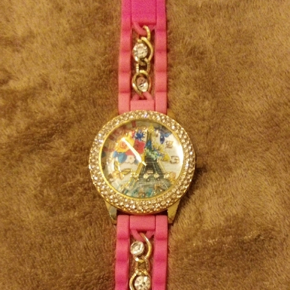 Pink and Gold Watch with Eiffel Tower Design